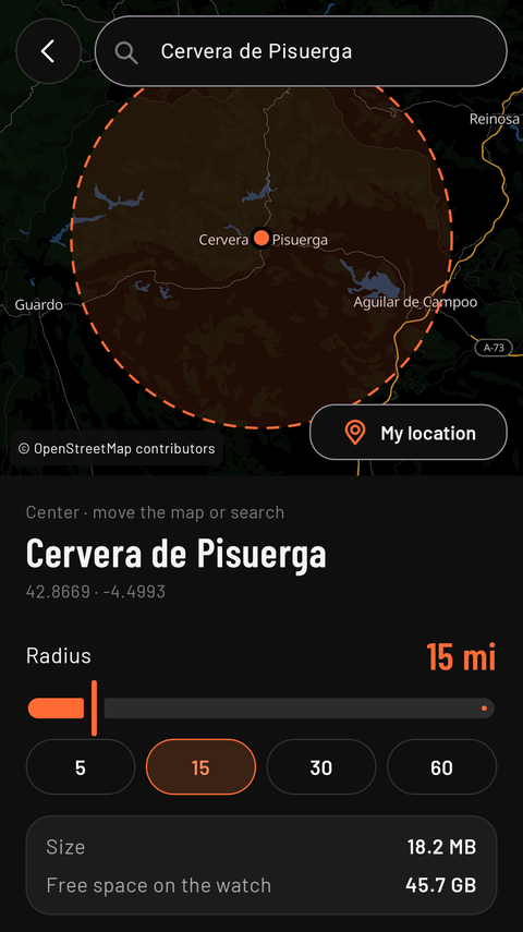 The phone app on “Download region”: the map of Cervera de Pisuerga with the 15-mile circle to download and its size