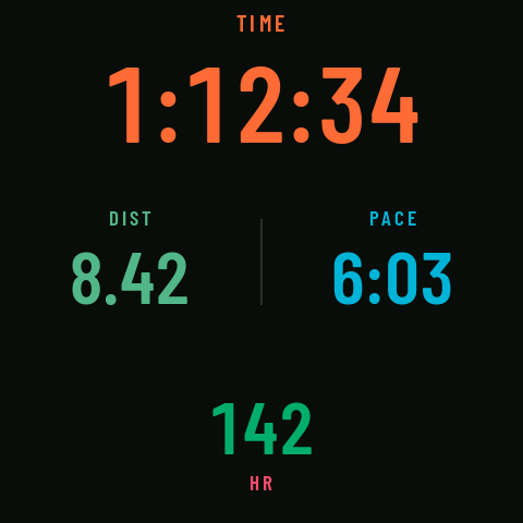 RawPace on the watch during an activity: time on top, distance and pace in the middle, heart rate at the bottom