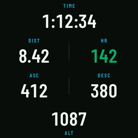 A six-field screen during an activity, in the muted style